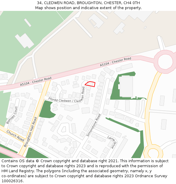 34, CLEDWEN ROAD, BROUGHTON, CHESTER, CH4 0TH: Location map and indicative extent of plot