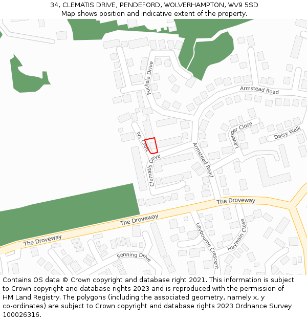 34, CLEMATIS DRIVE, PENDEFORD, WOLVERHAMPTON, WV9 5SD: Location map and indicative extent of plot