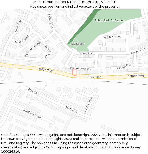 34, CLIFFORD CRESCENT, SITTINGBOURNE, ME10 3FL: Location map and indicative extent of plot