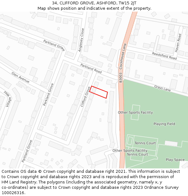 34, CLIFFORD GROVE, ASHFORD, TW15 2JT: Location map and indicative extent of plot