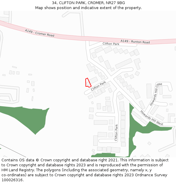 34, CLIFTON PARK, CROMER, NR27 9BG: Location map and indicative extent of plot