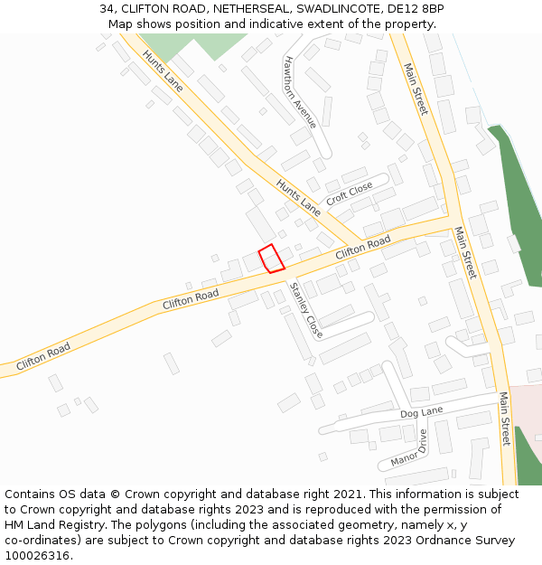 34, CLIFTON ROAD, NETHERSEAL, SWADLINCOTE, DE12 8BP: Location map and indicative extent of plot