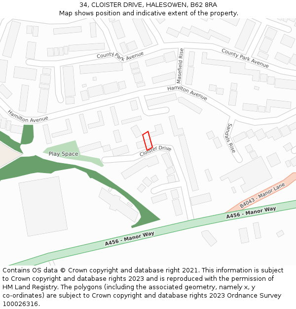 34, CLOISTER DRIVE, HALESOWEN, B62 8RA: Location map and indicative extent of plot
