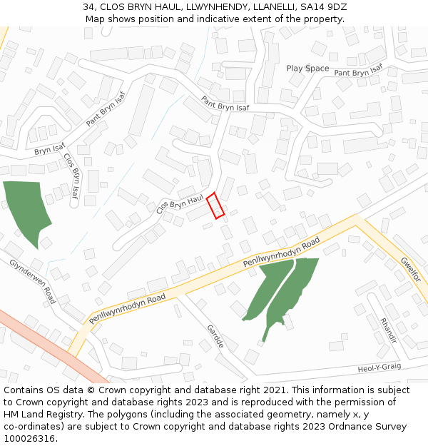 34, CLOS BRYN HAUL, LLWYNHENDY, LLANELLI, SA14 9DZ: Location map and indicative extent of plot