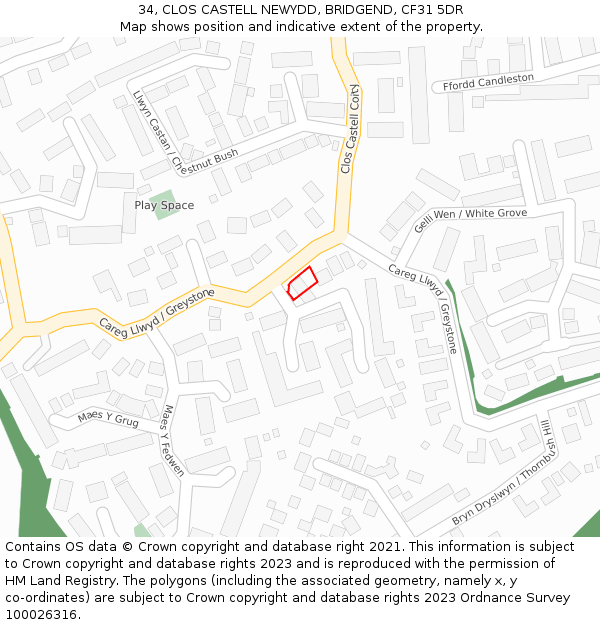34, CLOS CASTELL NEWYDD, BRIDGEND, CF31 5DR: Location map and indicative extent of plot