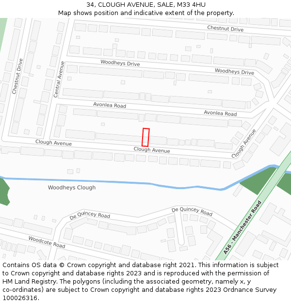 34, CLOUGH AVENUE, SALE, M33 4HU: Location map and indicative extent of plot