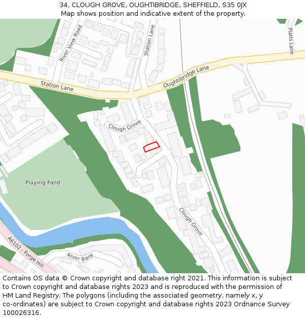 34, CLOUGH GROVE, OUGHTIBRIDGE, SHEFFIELD, S35 0JX: Location map and indicative extent of plot