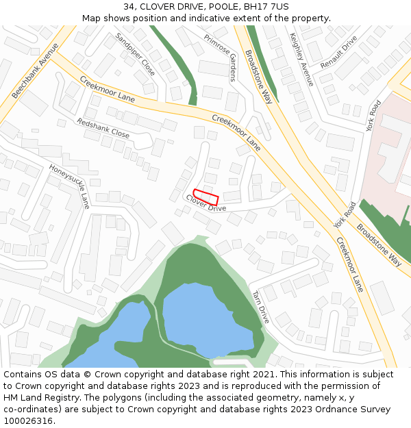 34, CLOVER DRIVE, POOLE, BH17 7US: Location map and indicative extent of plot