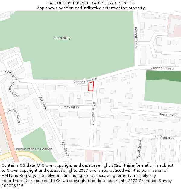 34, COBDEN TERRACE, GATESHEAD, NE8 3TB: Location map and indicative extent of plot