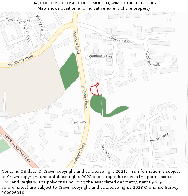 34, COGDEAN CLOSE, CORFE MULLEN, WIMBORNE, BH21 3XA: Location map and indicative extent of plot