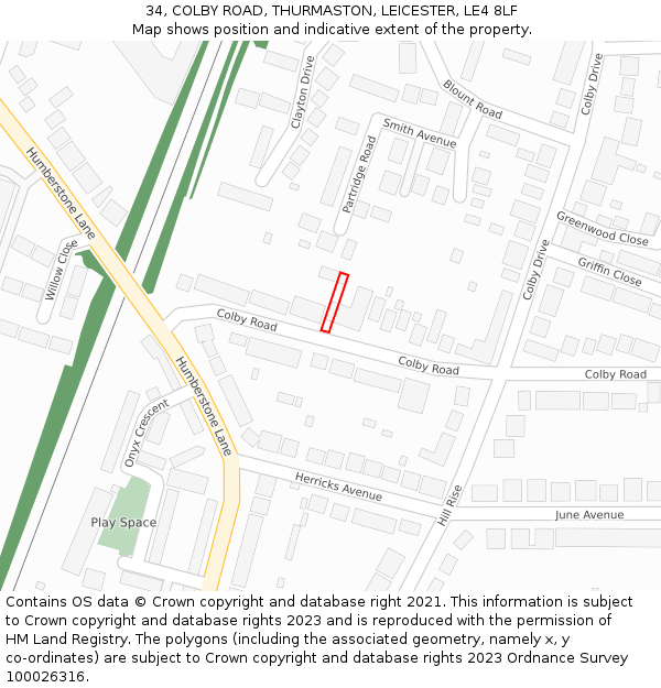 34, COLBY ROAD, THURMASTON, LEICESTER, LE4 8LF: Location map and indicative extent of plot