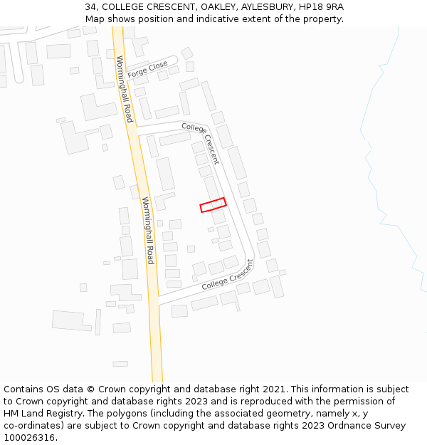 34, COLLEGE CRESCENT, OAKLEY, AYLESBURY, HP18 9RA: Location map and indicative extent of plot