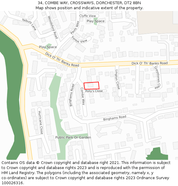 34, COMBE WAY, CROSSWAYS, DORCHESTER, DT2 8BN: Location map and indicative extent of plot