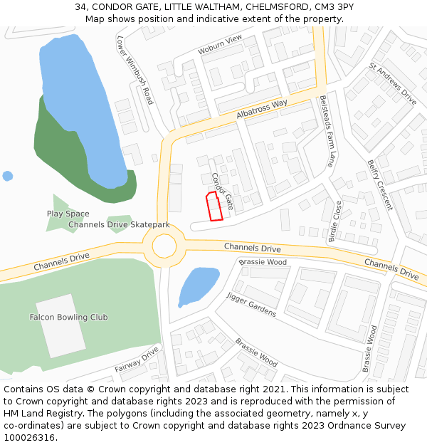 34, CONDOR GATE, LITTLE WALTHAM, CHELMSFORD, CM3 3PY: Location map and indicative extent of plot