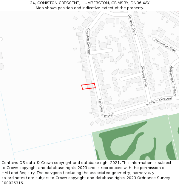 34, CONISTON CRESCENT, HUMBERSTON, GRIMSBY, DN36 4AY: Location map and indicative extent of plot