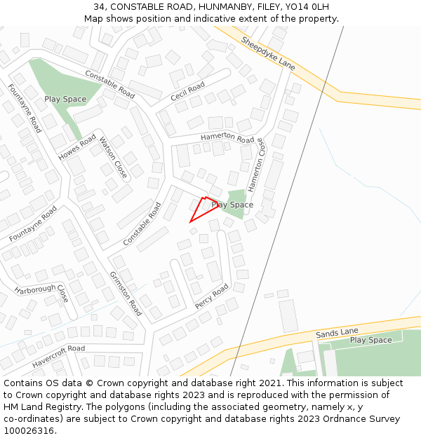 34, CONSTABLE ROAD, HUNMANBY, FILEY, YO14 0LH: Location map and indicative extent of plot