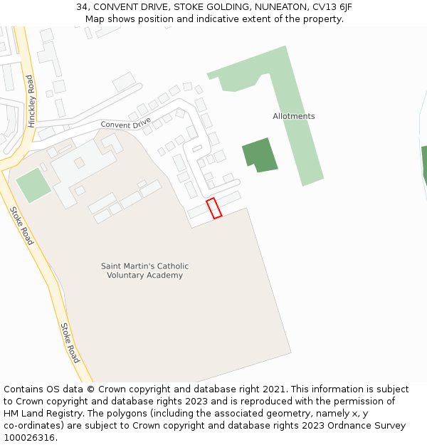 34, CONVENT DRIVE, STOKE GOLDING, NUNEATON, CV13 6JF: Location map and indicative extent of plot