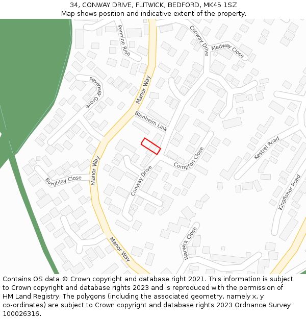 34, CONWAY DRIVE, FLITWICK, BEDFORD, MK45 1SZ: Location map and indicative extent of plot
