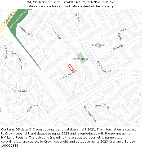 34, CONYGREE CLOSE, LOWER EARLEY, READING, RG6 4XE: Location map and indicative extent of plot