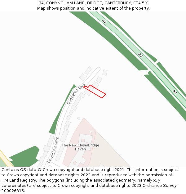 34, CONYNGHAM LANE, BRIDGE, CANTERBURY, CT4 5JX: Location map and indicative extent of plot