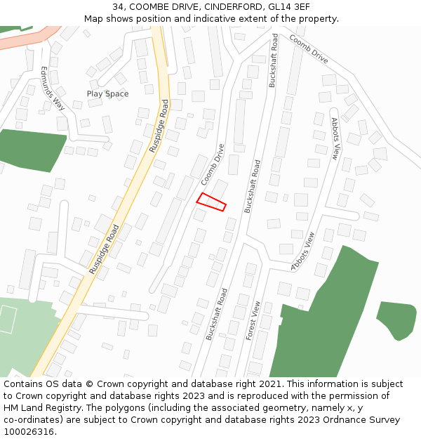 34, COOMBE DRIVE, CINDERFORD, GL14 3EF: Location map and indicative extent of plot