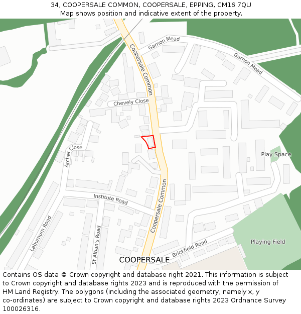 34, COOPERSALE COMMON, COOPERSALE, EPPING, CM16 7QU: Location map and indicative extent of plot