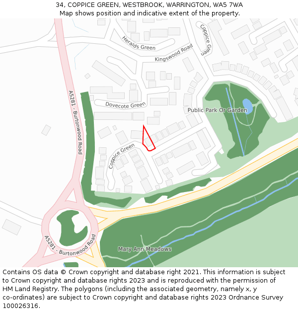 34, COPPICE GREEN, WESTBROOK, WARRINGTON, WA5 7WA: Location map and indicative extent of plot