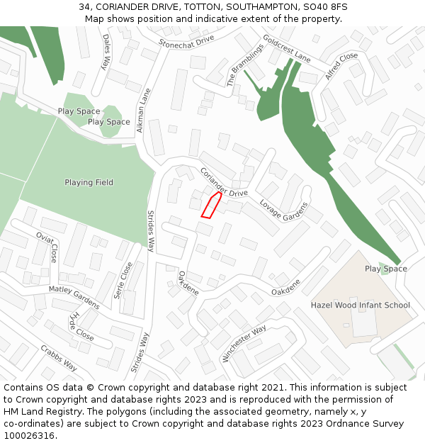 34, CORIANDER DRIVE, TOTTON, SOUTHAMPTON, SO40 8FS: Location map and indicative extent of plot