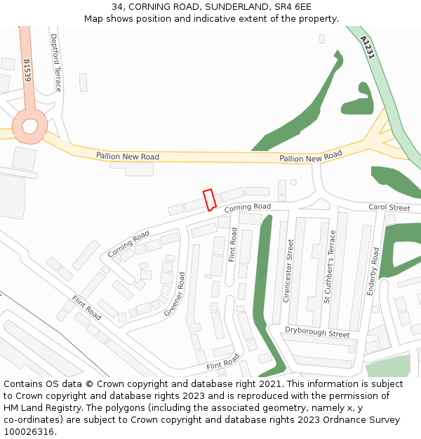 34, CORNING ROAD, SUNDERLAND, SR4 6EE: Location map and indicative extent of plot