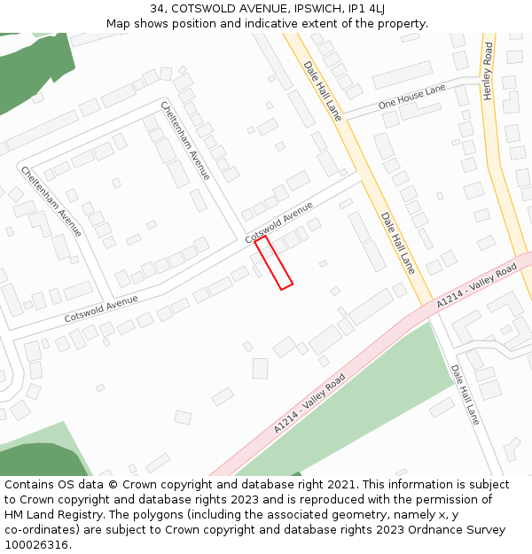 34, COTSWOLD AVENUE, IPSWICH, IP1 4LJ: Location map and indicative extent of plot