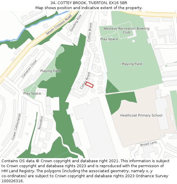 34, COTTEY BROOK, TIVERTON, EX16 5BR: Location map and indicative extent of plot