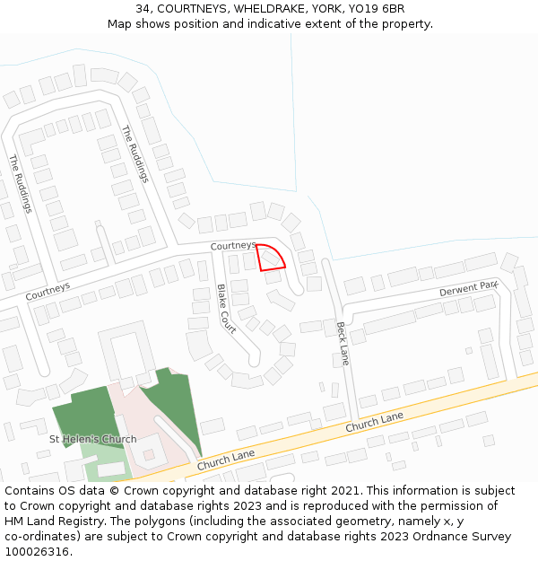 34, COURTNEYS, WHELDRAKE, YORK, YO19 6BR: Location map and indicative extent of plot