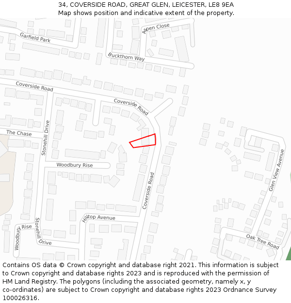 34, COVERSIDE ROAD, GREAT GLEN, LEICESTER, LE8 9EA: Location map and indicative extent of plot