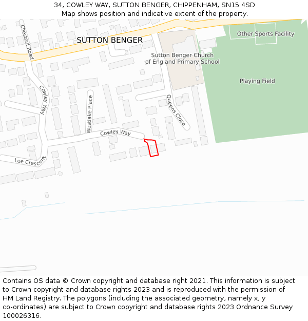 34, COWLEY WAY, SUTTON BENGER, CHIPPENHAM, SN15 4SD: Location map and indicative extent of plot