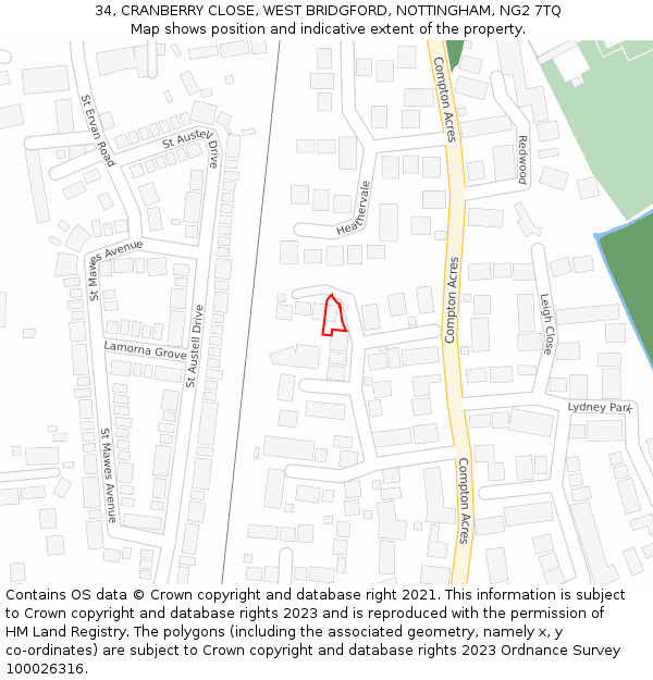 34, CRANBERRY CLOSE, WEST BRIDGFORD, NOTTINGHAM, NG2 7TQ: Location map and indicative extent of plot