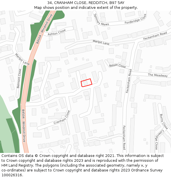 34, CRANHAM CLOSE, REDDITCH, B97 5AY: Location map and indicative extent of plot