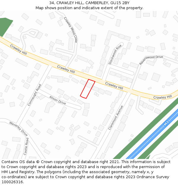 34, CRAWLEY HILL, CAMBERLEY, GU15 2BY: Location map and indicative extent of plot