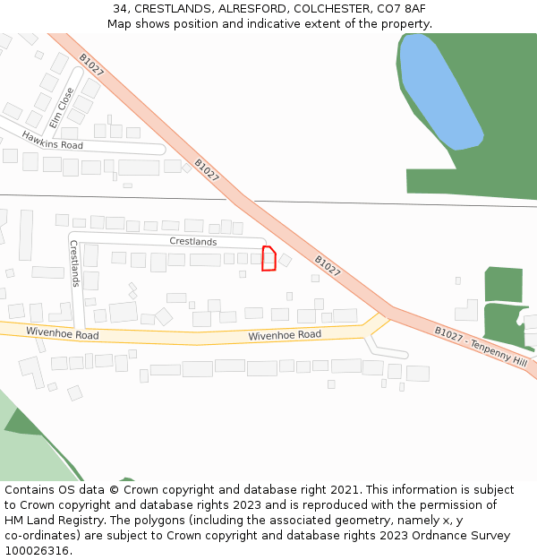 34, CRESTLANDS, ALRESFORD, COLCHESTER, CO7 8AF: Location map and indicative extent of plot