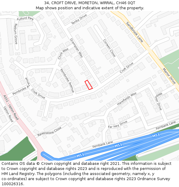 34, CROFT DRIVE, MORETON, WIRRAL, CH46 0QT: Location map and indicative extent of plot