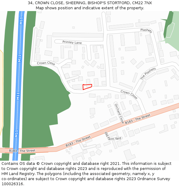 34, CROWN CLOSE, SHEERING, BISHOP'S STORTFORD, CM22 7NX: Location map and indicative extent of plot