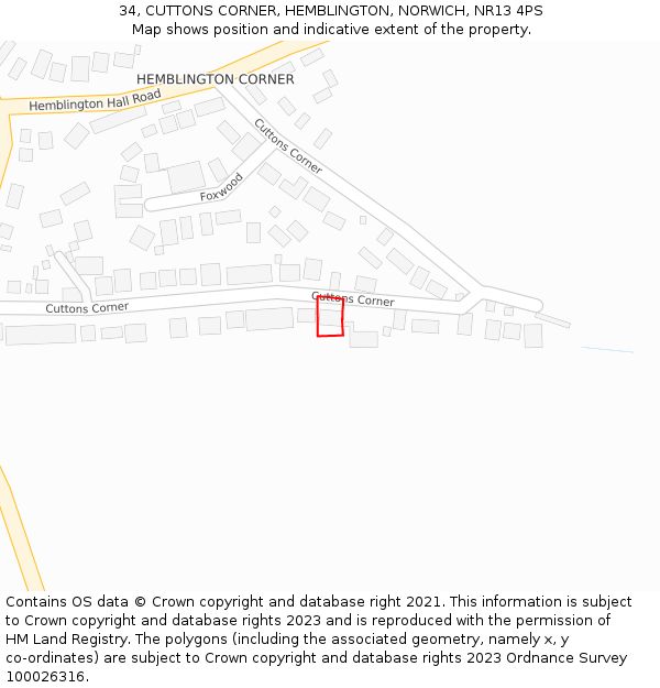 34, CUTTONS CORNER, HEMBLINGTON, NORWICH, NR13 4PS: Location map and indicative extent of plot