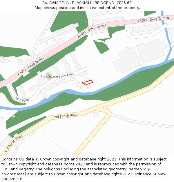34, CWM FELIN, BLACKMILL, BRIDGEND, CF35 6EJ: Location map and indicative extent of plot