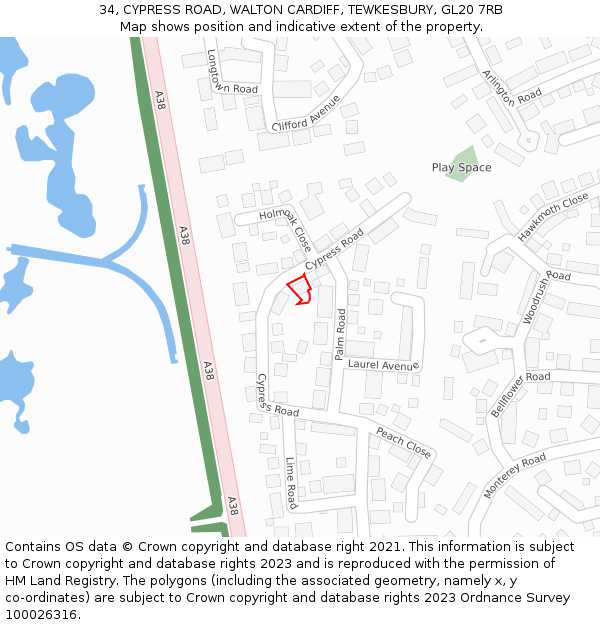 34, CYPRESS ROAD, WALTON CARDIFF, TEWKESBURY, GL20 7RB: Location map and indicative extent of plot