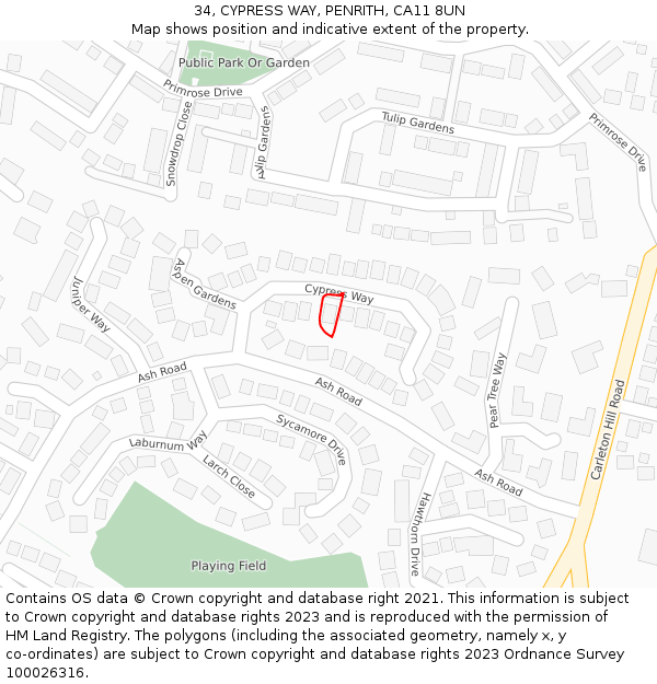 34, CYPRESS WAY, PENRITH, CA11 8UN: Location map and indicative extent of plot