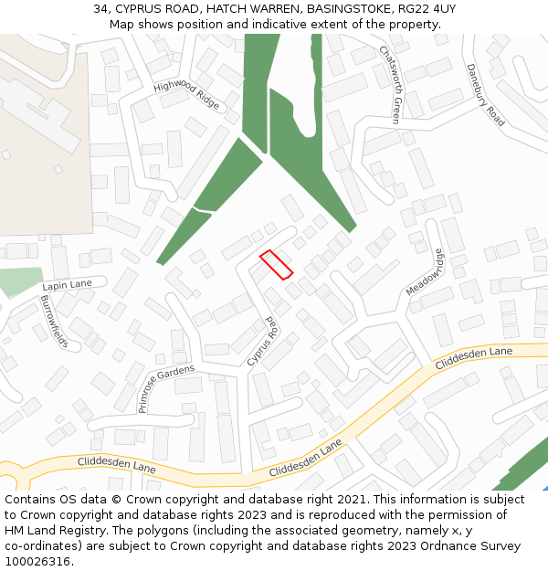 34, CYPRUS ROAD, HATCH WARREN, BASINGSTOKE, RG22 4UY: Location map and indicative extent of plot