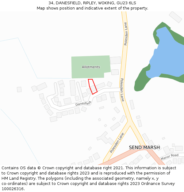 34, DANESFIELD, RIPLEY, WOKING, GU23 6LS: Location map and indicative extent of plot