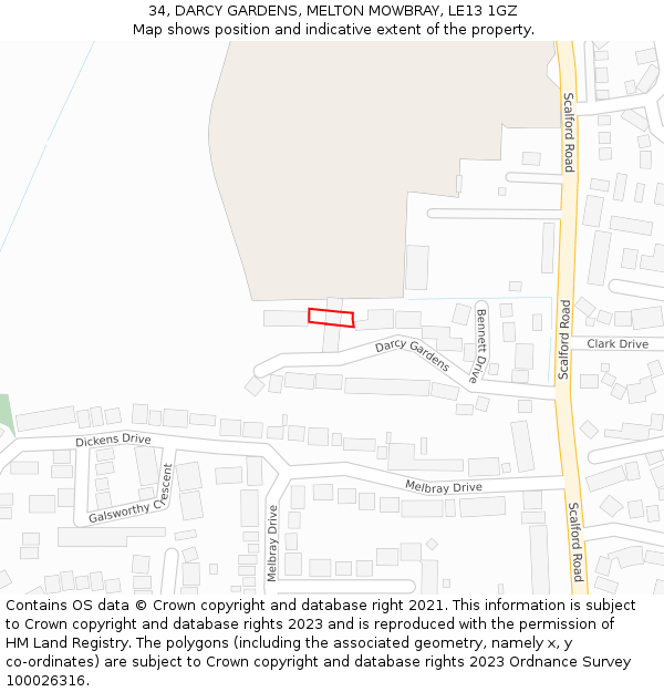 34, DARCY GARDENS, MELTON MOWBRAY, LE13 1GZ: Location map and indicative extent of plot