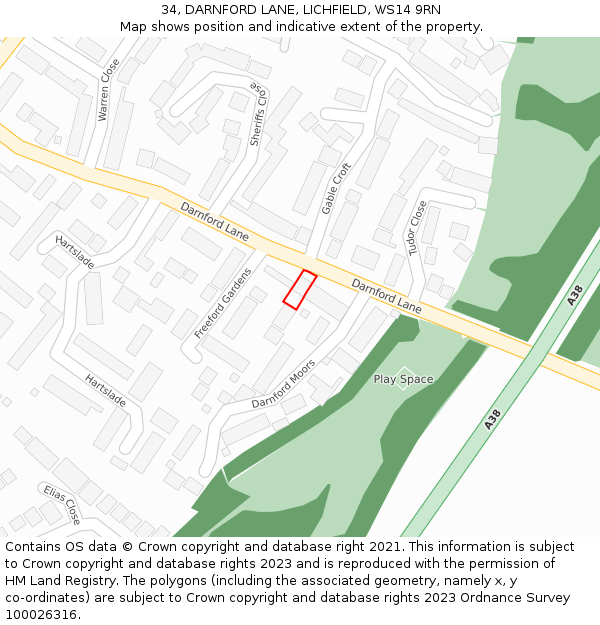 34, DARNFORD LANE, LICHFIELD, WS14 9RN: Location map and indicative extent of plot