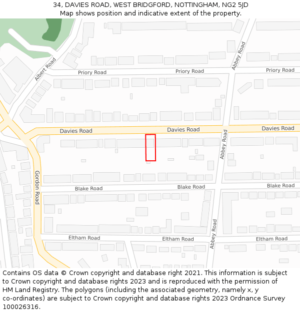 34, DAVIES ROAD, WEST BRIDGFORD, NOTTINGHAM, NG2 5JD: Location map and indicative extent of plot