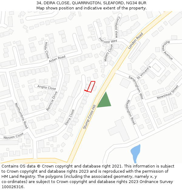 34, DEIRA CLOSE, QUARRINGTON, SLEAFORD, NG34 8UR: Location map and indicative extent of plot